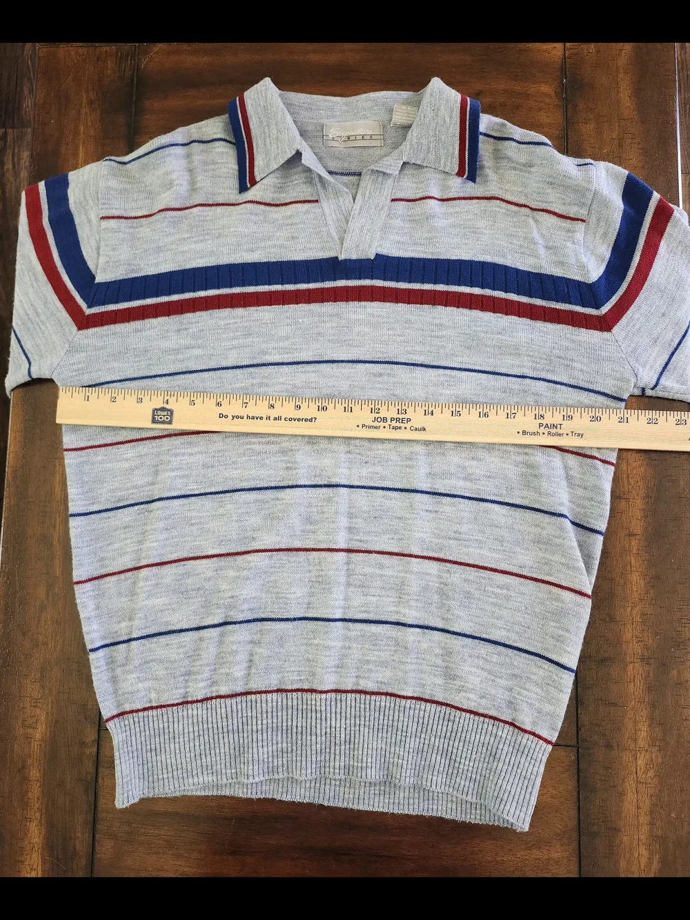 Vintage Signature Light Gray V-Neck Rugby Collar Sweater with Red & Blue Stripes